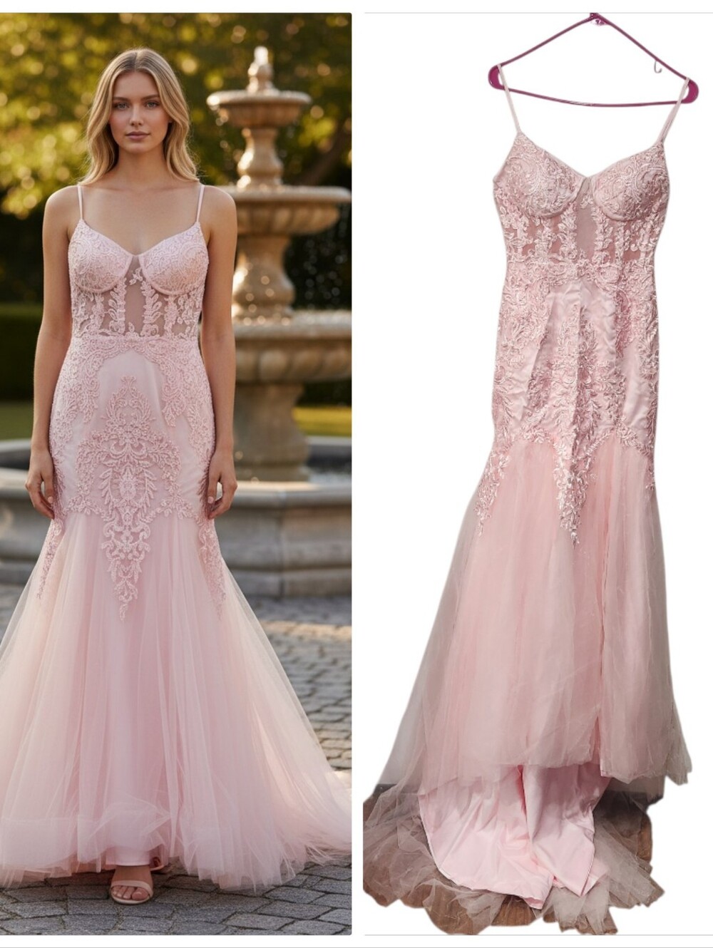 Prom Evening Dress Gown Mermaid Style   Pink Blush Embroidered Tulle Size 2 New
